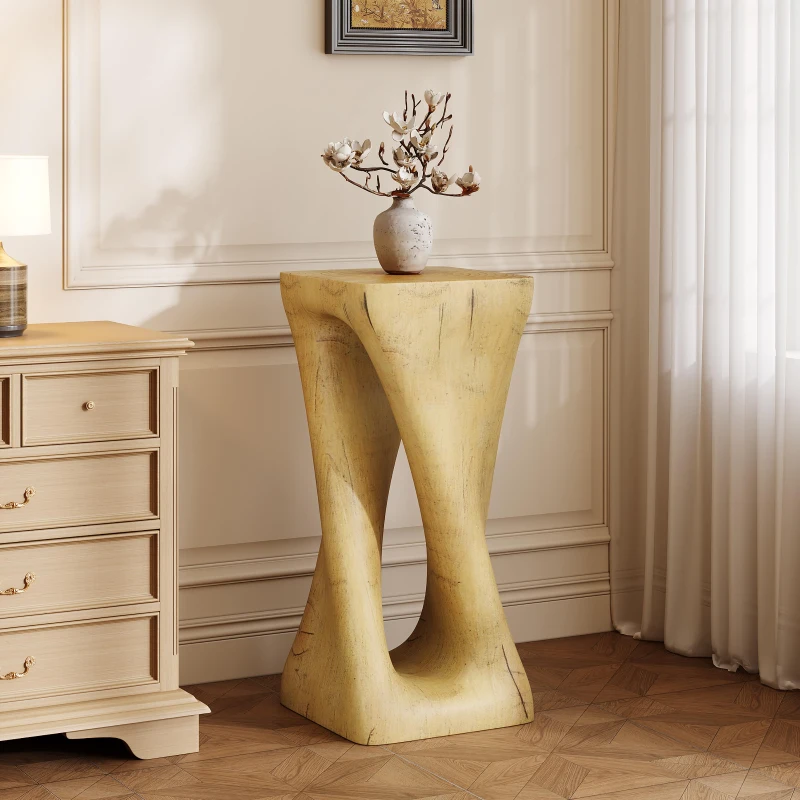 Sculptural MGO Accent Table with Unique Wood-Grain Texture, All-Weather Side Table with 200 Lbs Capacity, 12.5" L x 12.5" W x 27" H, Natural