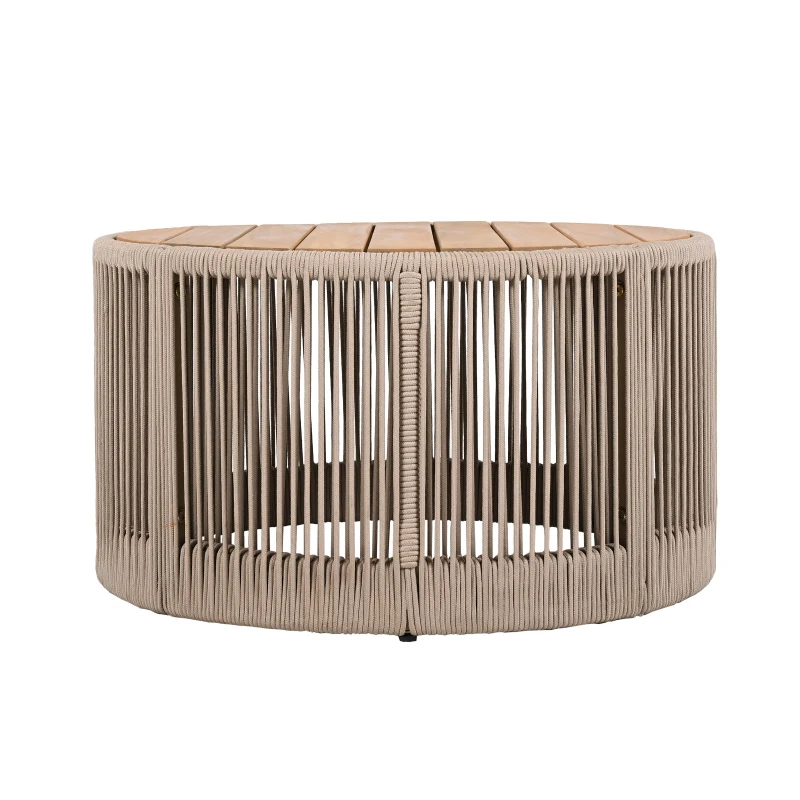 2-Piece Side Table Set with Woven Rope Design, Outdoor Round Table Set for Patio and Poolside, 41" L x 41" W x 32.5" H, Beige+Natural+Teak