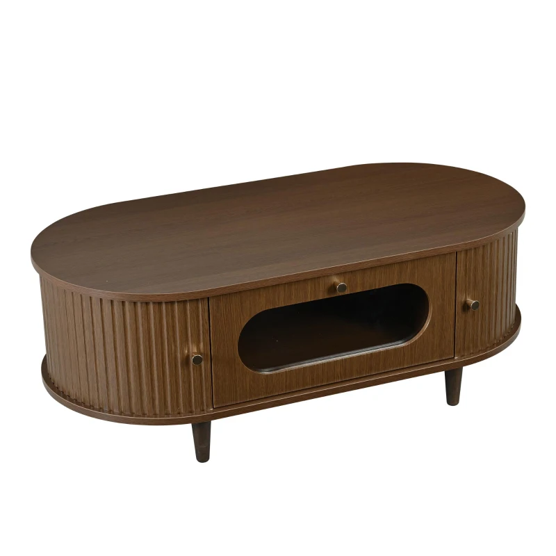 Living Room Coffee Table with Roll-Up Door Storage, Minimalist Center Table with MDF Veneer Top, 39.5" L x 19.5" W x 14" H, Walnut Wood