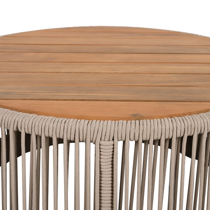 2-Piece Side Table Set with Woven Rope Design, Outdoor Round Table Set for Patio and Poolside, 41" L x 41" W x 32.5" H, Beige+Natural+Teak