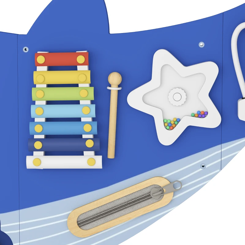 Qaba Whale Activity Wall Busy Board, 13 in 1 Montessori Sensory Wall Panel for Playroom Nursery Classroom Boys Girls 2+, Blue
