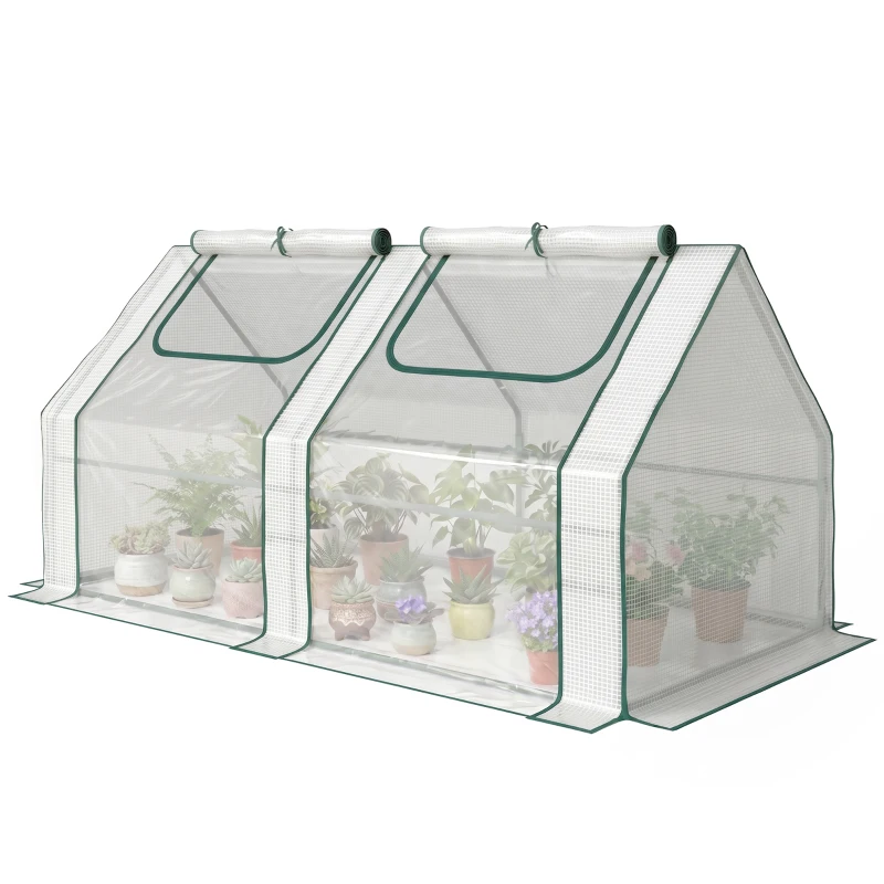 Outsunny 6' x 3' x 3' Portable Mini Greenhouse, Garden Green House Kit with 2 PE/Plastic Covers, Steel Frame and 2 Roll Up Zipper Windows, White