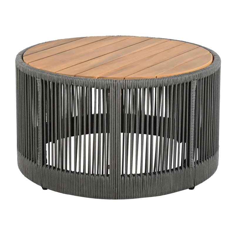 2-Piece Side Table Set with Woven Rope Design, Outdoor Round Table Set for Patio and Poolside, 41" L x 41" W x 32.5" H, Grey+Natural+Teak
