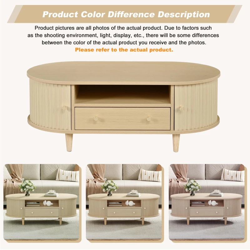 Versatile Oval Coffee Table with Roll-Top Door and Drawer, Spacious Center Table with Open Shelf, 39.5" L x 19.5" W x 14" H, Natural Wood