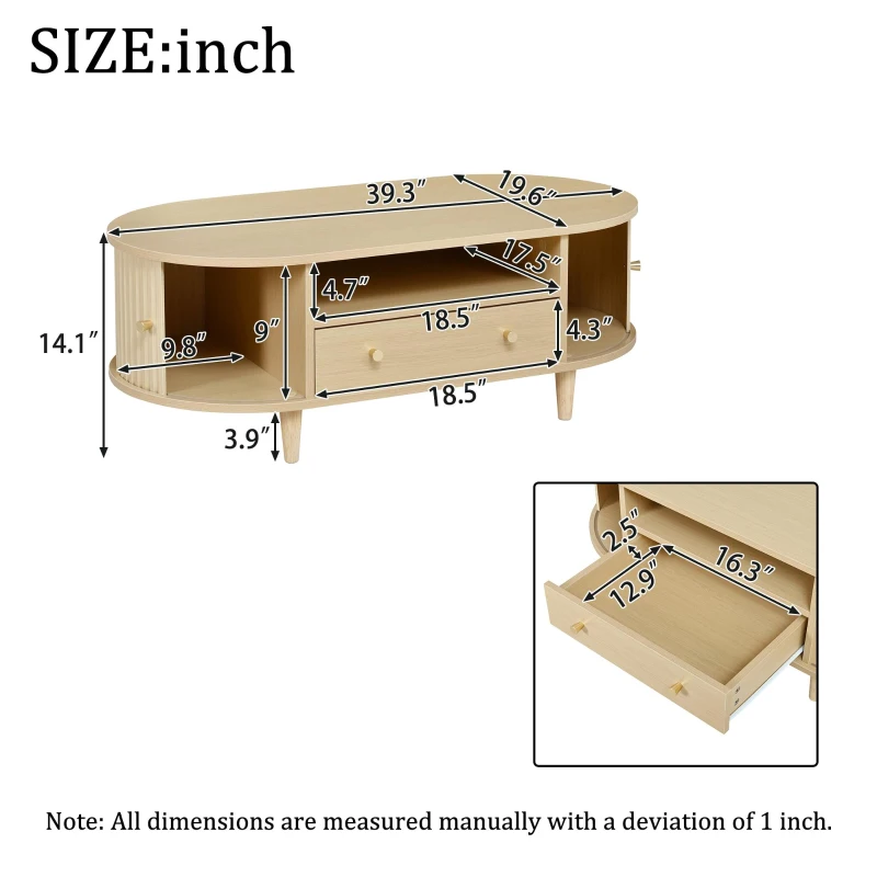 Versatile Oval Coffee Table with Roll-Top Door and Drawer, Spacious Center Table with Open Shelf, 39.5" L x 19.5" W x 14" H, Natural Wood