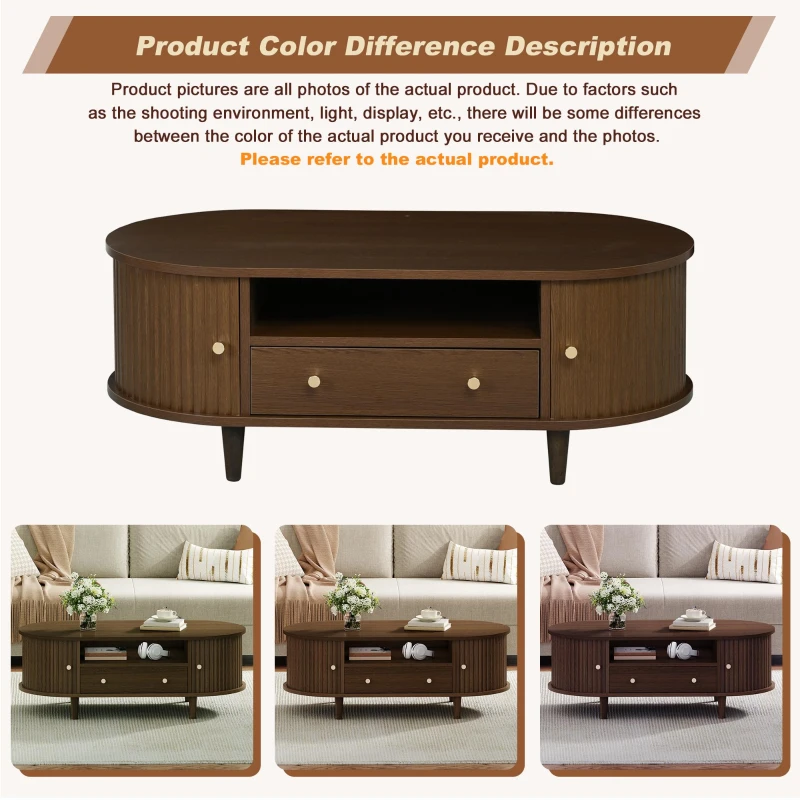 Versatile Oval Coffee Table with Roll-Top Door and Drawer, Spacious Center Table with Open Shelf, 39.5" L x 19.5" W x 14" H, Walnut