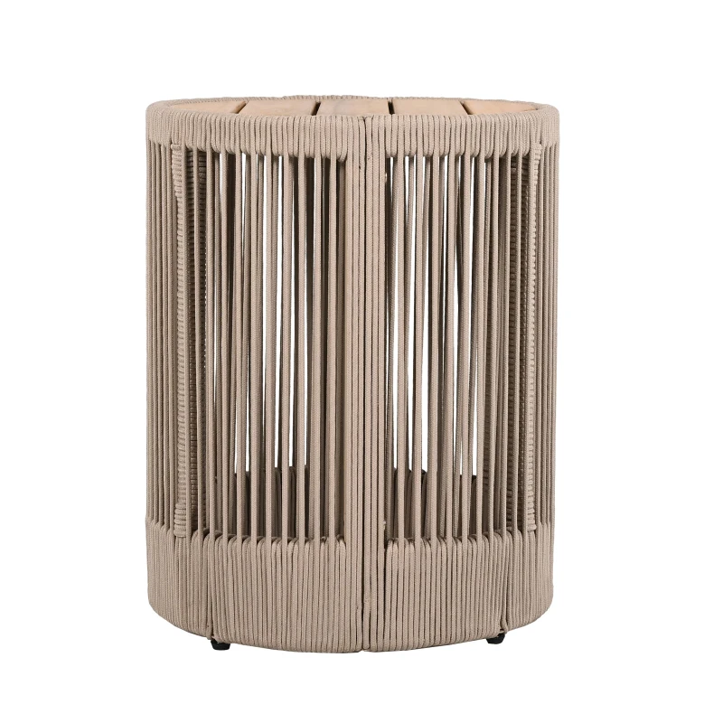 Outdoor Side Table with Rope-Wrapped Iron Frame, Sturdy End Table with Rustic-Modern Design, 15" L x 15" W x 18.5" H, Beige+Natural+Teak