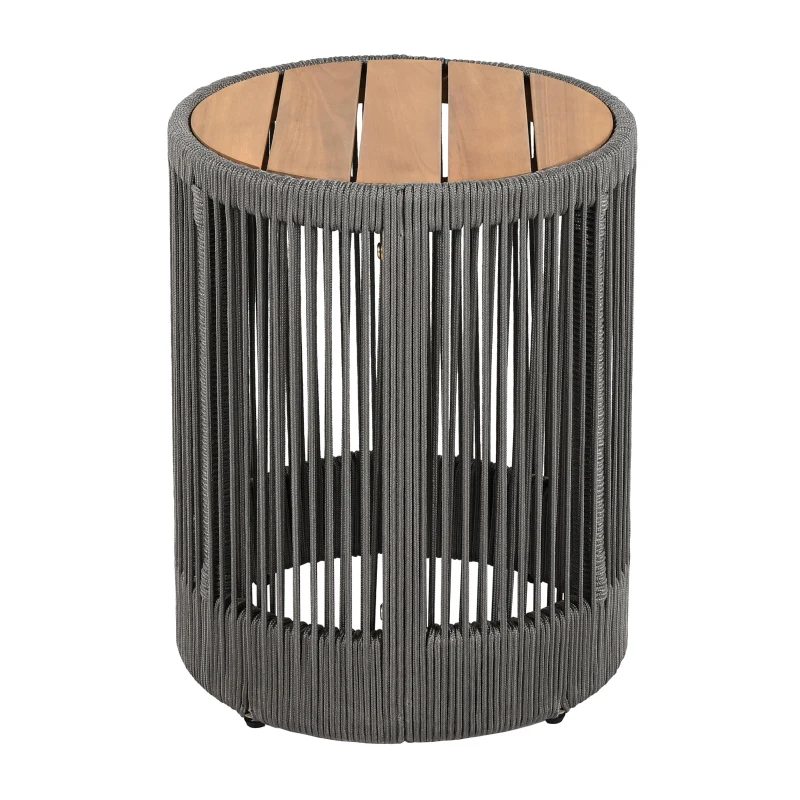 Outdoor Side Table with Rope-Wrapped Iron Frame, Sturdy End Table with Rustic-Modern Design, 15" L x 15" W x 18.5" H, Grey+Natural+Teak