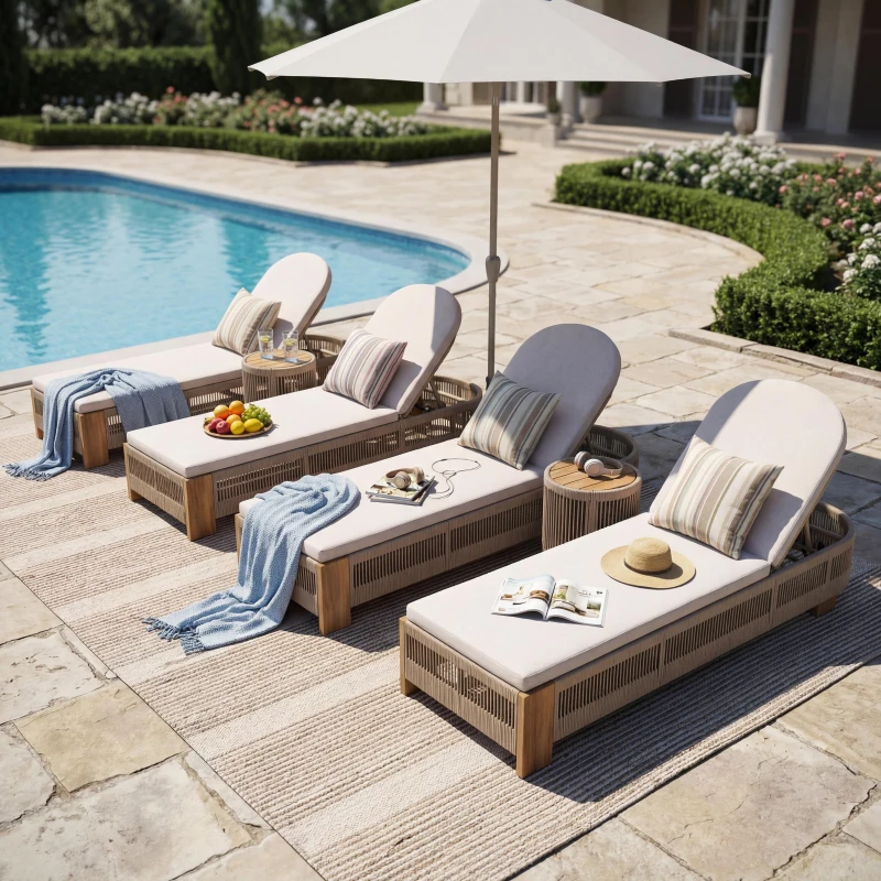 3-Piece Chaise Lounge Set with Adjustable Reclining Chaise, Durable Sun Lounger Set for Outdoor, 94.5" L x 43.5" W x 30" H, Beige+Natural+Teak