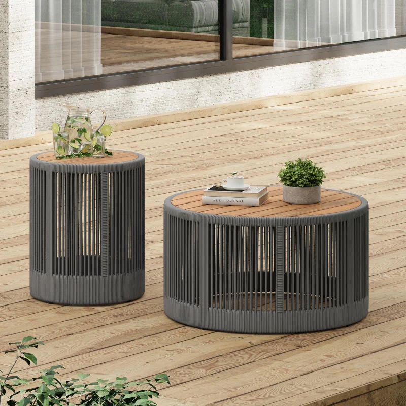 2-Piece Side Table Set with Woven Rope Design, Outdoor Round Table Set for Patio and Poolside, 41" L x 41" W x 32.5" H, Grey+Natural+Teak