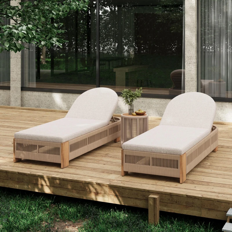 3-Piece Chaise Lounge Set with Adjustable Reclining Chaise, Durable Sun Lounger Set for Outdoor, 94.5" L x 43.5" W x 30" H, Beige+Natural+Teak
