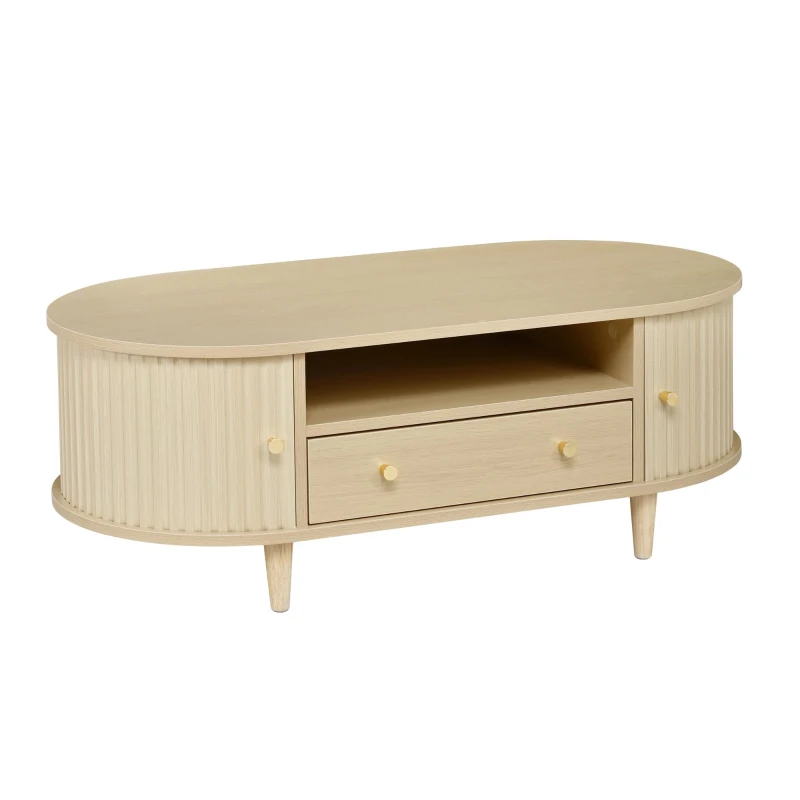 Versatile Oval Coffee Table with Roll-Top Door and Drawer, Spacious Center Table with Open Shelf, 39.5" L x 19.5" W x 14" H, Natural Wood