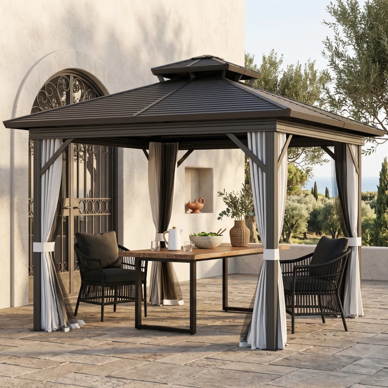 Outsunny 10' x 10' Hardtop Gazebo, Sun Shelter with Double Tier Metal Roof, Mosquito Netting, and Hanging Hook, Light Grey