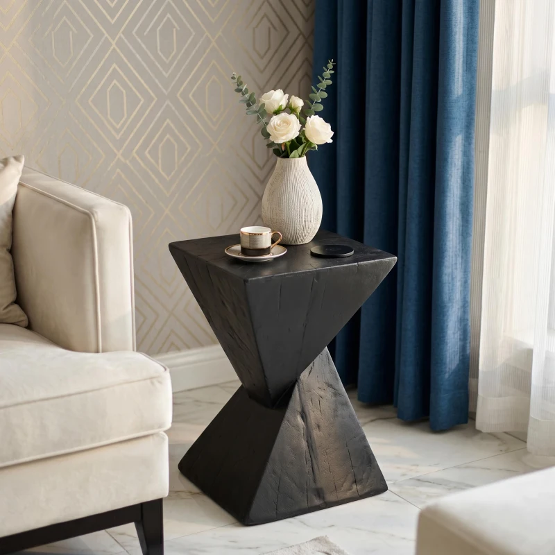 Stylish MGO Accent Table with Realistic Wood-Grain Texture, All-Weather Side Table with Stable 77 Lbs Capacity, 12.5" L x 12.5" W x 18" H, Black