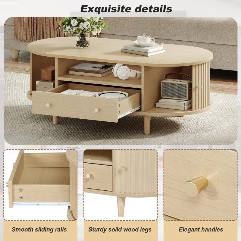 Versatile Oval Coffee Table with Roll-Top Door and Drawer, Spacious Center Table with Open Shelf, 39.5" L x 19.5" W x 14" H, Natural Wood