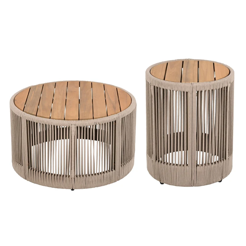 2-Piece Side Table Set with Woven Rope Design, Outdoor Round Table Set for Patio and Poolside, 41" L x 41" W x 32.5" H, Beige+Natural+Teak