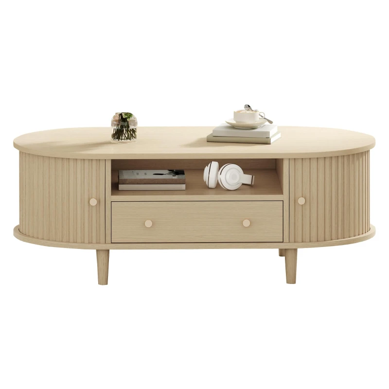 Versatile Oval Coffee Table with Roll-Top Door and Drawer, Spacious Center Table with Open Shelf, 39.5" L x 19.5" W x 14" H, Natural Wood