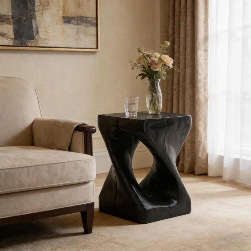Twisted Hourglass Accent Side Table with MGO Composite, All-Weather End Table with UV-/Water-Resistant Finish, 11.5" L x 11.5" W x 16" H, Black