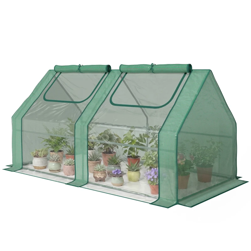 Outsunny 6' x 3' x 3' Portable Mini Greenhouse, Garden Green House Kit with 2 PE/Plastic Covers, Steel Frame and 2 Roll Up Zipper Windows, Dark Green
