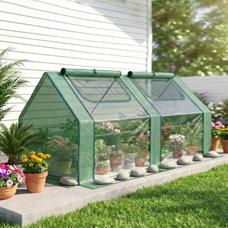 Outsunny 6' x 3' x 3' Portable Mini Greenhouse, Garden Green House Kit with 2 PE/Plastic Covers, Steel Frame and 2 Roll Up Zipper Windows, Dark Green
