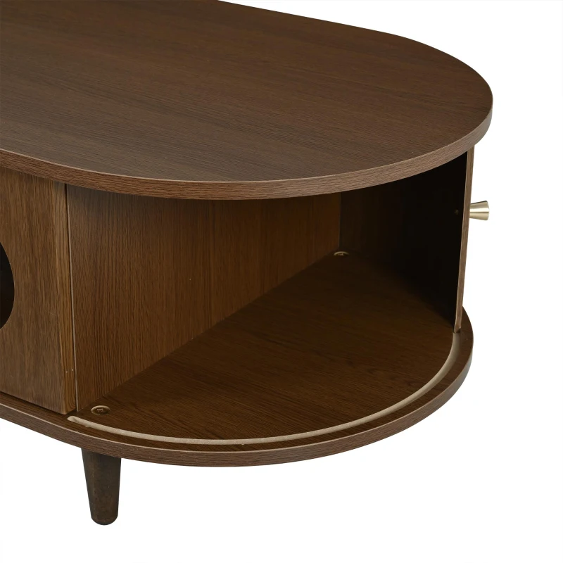 Living Room Coffee Table with Roll-Up Door Storage, Minimalist Center Table with MDF Veneer Top, 39.5" L x 19.5" W x 14" H, Walnut Wood
