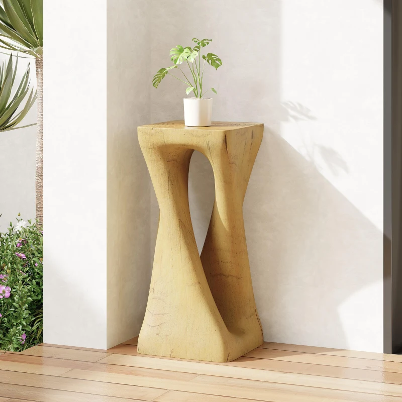 Sculptural MGO Accent Table with Unique Wood-Grain Texture, All-Weather Side Table with 200 Lbs Capacity, 12.5" L x 12.5" W x 27" H, Natural
