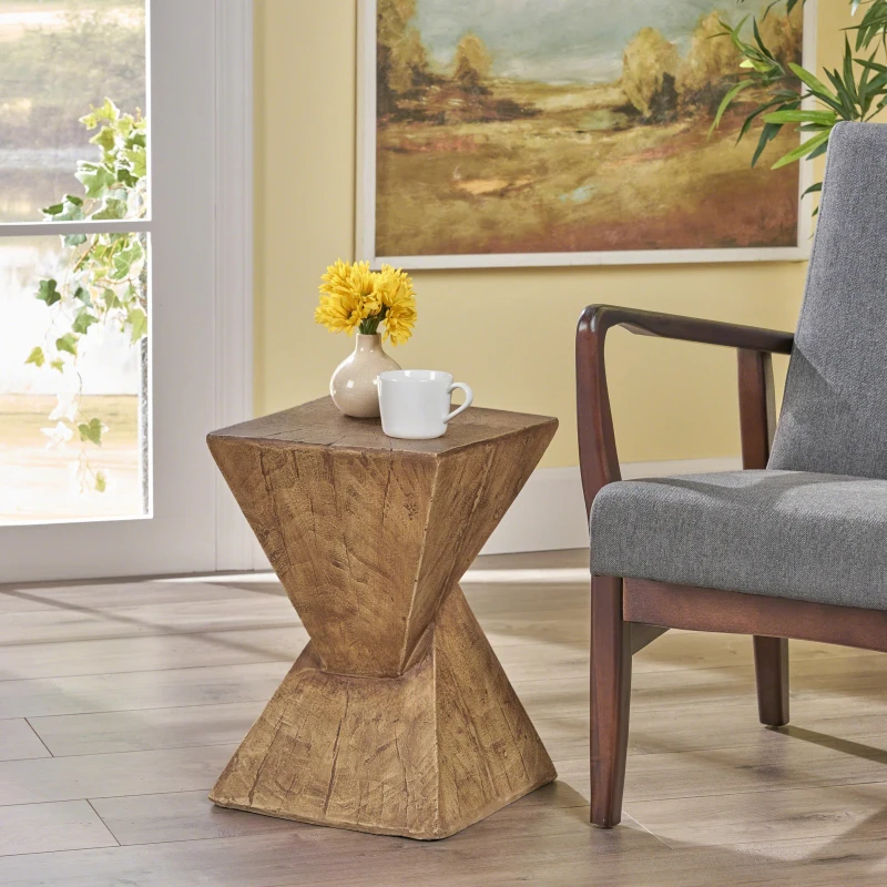 Stylish MGO Accent Table with Realistic Wood-Grain Texture, All-Weather Side Table with Stable 77 Lbs Capacity, 12.5" L x 12.5" W x 18" H, Natural