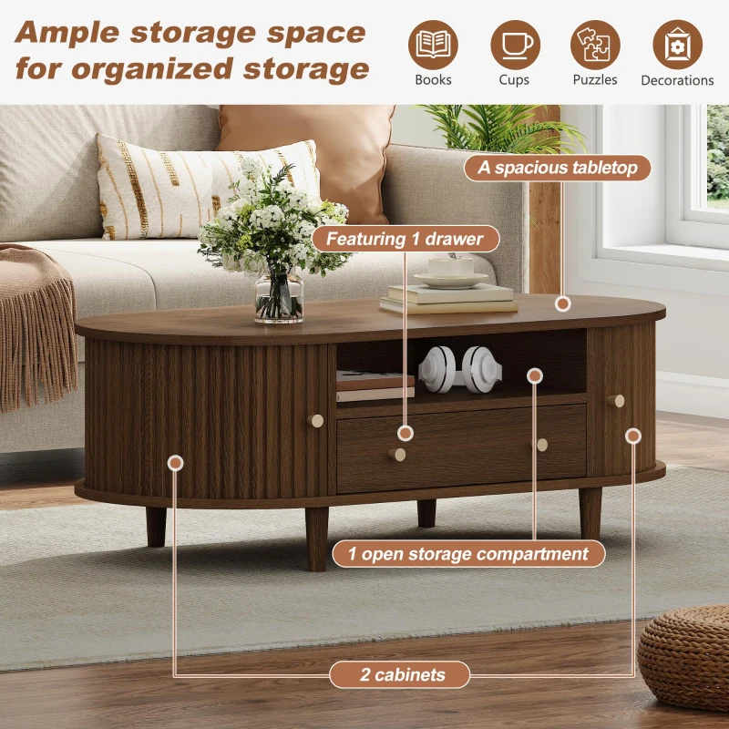 Versatile Oval Coffee Table with Roll-Top Door and Drawer, Spacious Center Table with Open Shelf, 39.5" L x 19.5" W x 14" H, Walnut