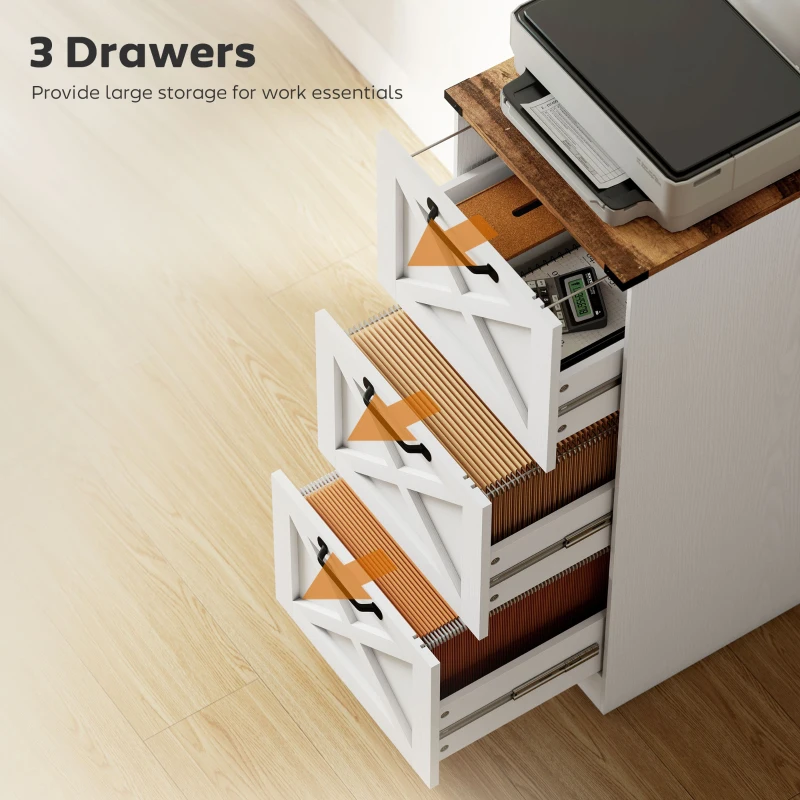 HOMCOM 3 Drawer File Cabinet with Silent Slides, Vertical Farmhouse Filing Cabinet Fits Letter/A4 Size Home Office, White