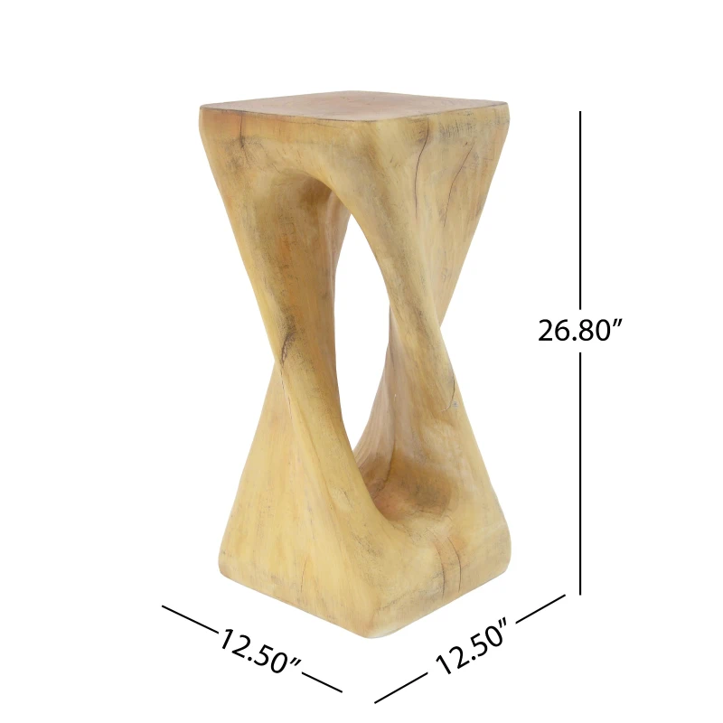 Sculptural MGO Accent Table with Unique Wood-Grain Texture, All-Weather Side Table with 200 Lbs Capacity, 12.5" L x 12.5" W x 27" H, Natural