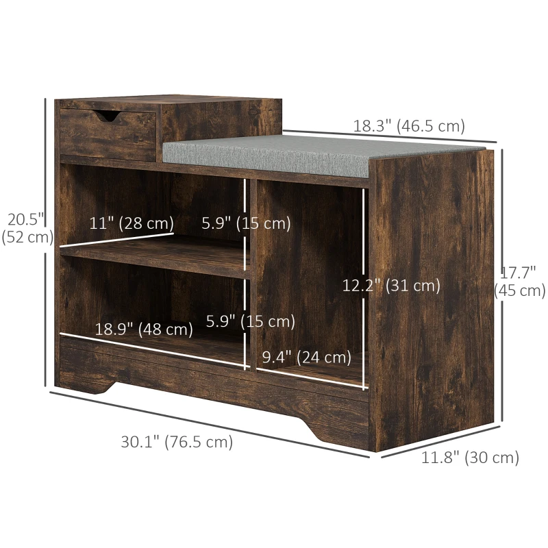 HOMCOM Upholstered Shoe Storage Bench, Hallway Shoe Storage with Seat, Drawer, 3 Open Shelves for Entryway, Rustic Brown