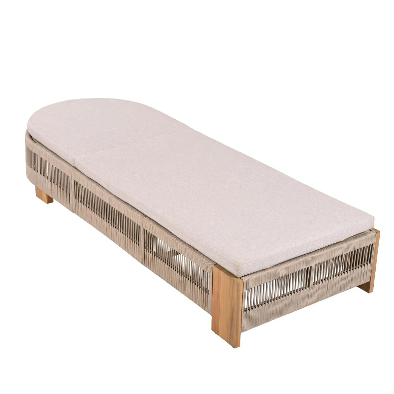Outdoor Chaise Lounge Chair with Water-Resistant Cushion, Durable Sun Lounger with Rope Detailing, 79.5" L x 28.5" W x 12" H, Beige+Natural+Teak
