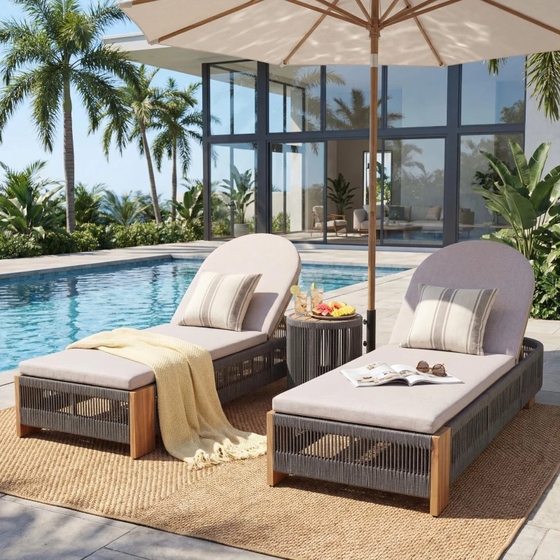 Outdoor Chaise Lounge Chair with Water-Resistant Cushion, Durable Sun Lounger with Rope Detailing, 79.5" L x 28.5" W x 12" H, Grey+Natural+Teak