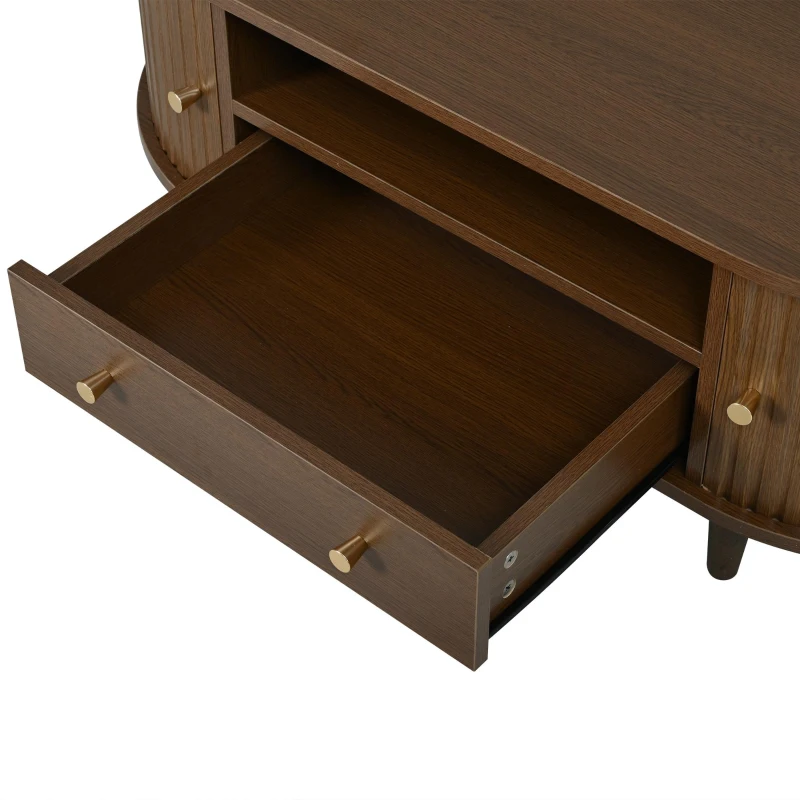 Versatile Oval Coffee Table with Roll-Top Door and Drawer, Spacious Center Table with Open Shelf, 39.5" L x 19.5" W x 14" H, Walnut