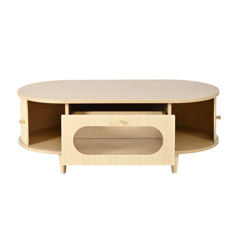 Living Room Coffee Table with Roll-Up Door Storage, Minimalist Center Table with MDF Veneer Top, 39.5" L x 19.5" W x 14" H, Natural Wood