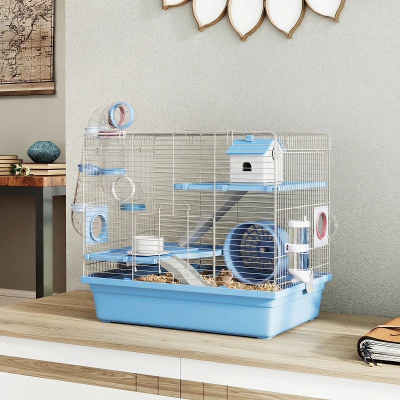 PawHut Hamster Cage, 3-Tier Small Animal Cage with Excerise Wheel, Food Bowl, Water Bottle, House, Tunnels, Ramps