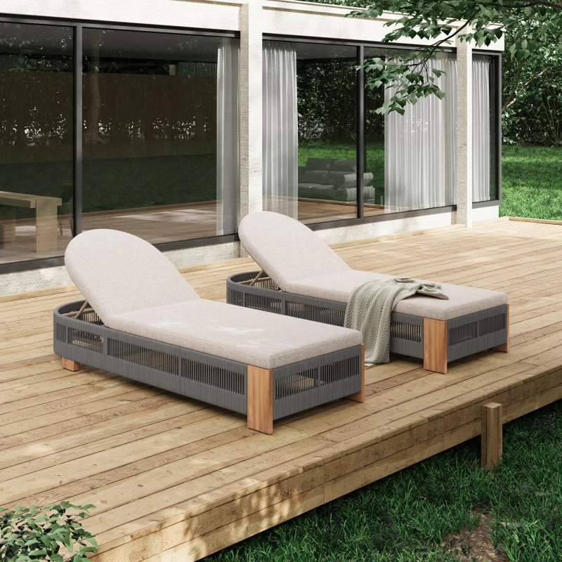 Outdoor Chaise Lounge Chair with Water-Resistant Cushion, Durable Sun Lounger with Rope Detailing, 79.5" L x 28.5" W x 12" H, Grey+Natural+Teak