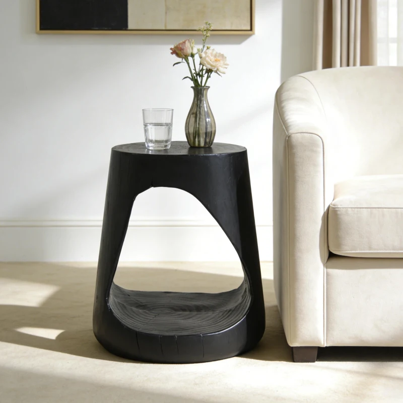 Hollow Side Table with Realistic Wood-Grain Texture, Pet-Friendly End Table with Weather-Resistant Composite, 14.5" L x 14.5" W x 16.5" H, Black