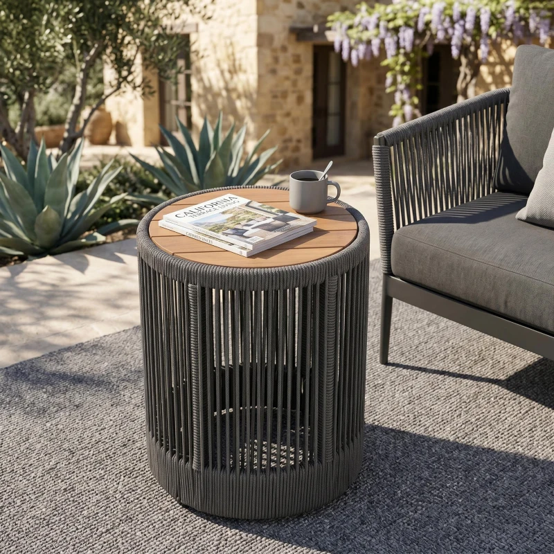 Outdoor Side Table with Rope-Wrapped Iron Frame, Sturdy End Table with Rustic-Modern Design, 15" L x 15" W x 18.5" H, Grey+Natural+Teak