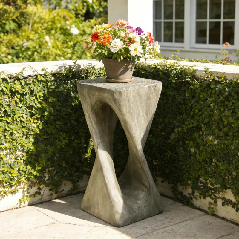 Sculptural MGO Accent Table with Unique Wood-Grain Texture, All-Weather Side Table with 200 Lbs Capacity, 12.5" L x 12.5" W x 27" H, Grey