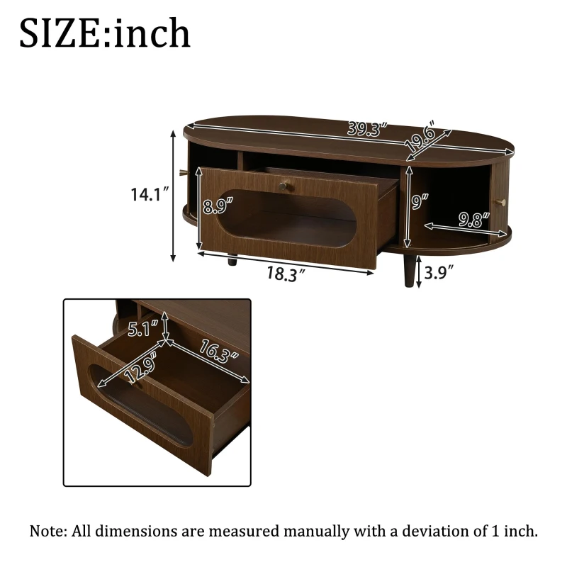 Living Room Coffee Table with Roll-Up Door Storage, Minimalist Center Table with MDF Veneer Top, 39.5" L x 19.5" W x 14" H, Walnut Wood