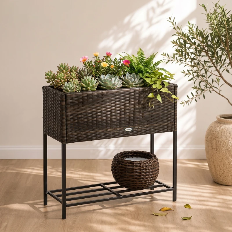 Outsunny Rattan Raised Garden Boxes, Elevated Flower Beds with Storage Shelf for Herbs, Flowers, Vegetables, Brown