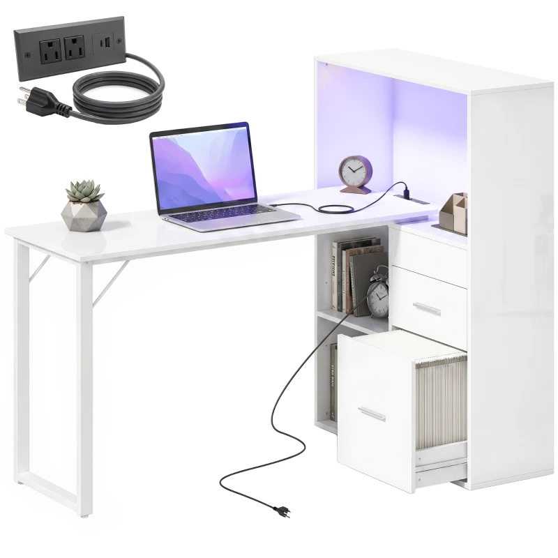 HOMCOM 54" Computer Desk with Drawers, Home Office Desk with Storage, Power Outlets and LED Lights, White
