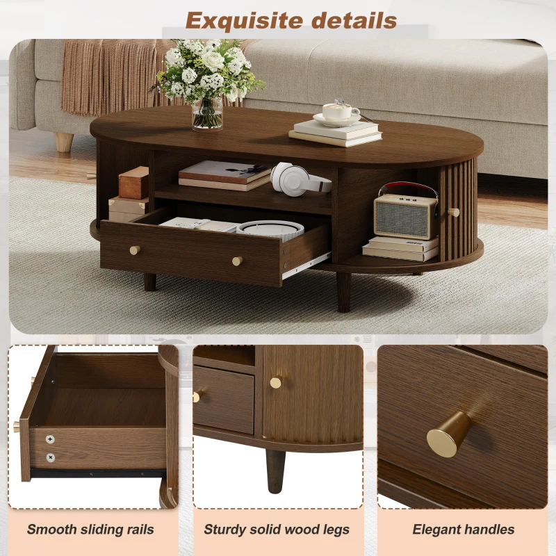 Versatile Oval Coffee Table with Roll-Top Door and Drawer, Spacious Center Table with Open Shelf, 39.5" L x 19.5" W x 14" H, Walnut