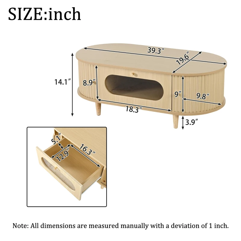 Living Room Coffee Table with Roll-Up Door Storage, Minimalist Center Table with MDF Veneer Top, 39.5" L x 19.5" W x 14" H, Natural Wood