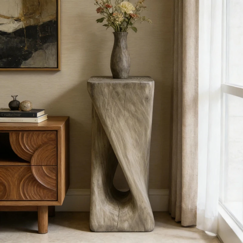 Sculptural MGO Accent Table with Unique Wood-Grain Texture, All-Weather Side Table with 200 Lbs Capacity, 12.5" L x 12.5" W x 27" H, Grey