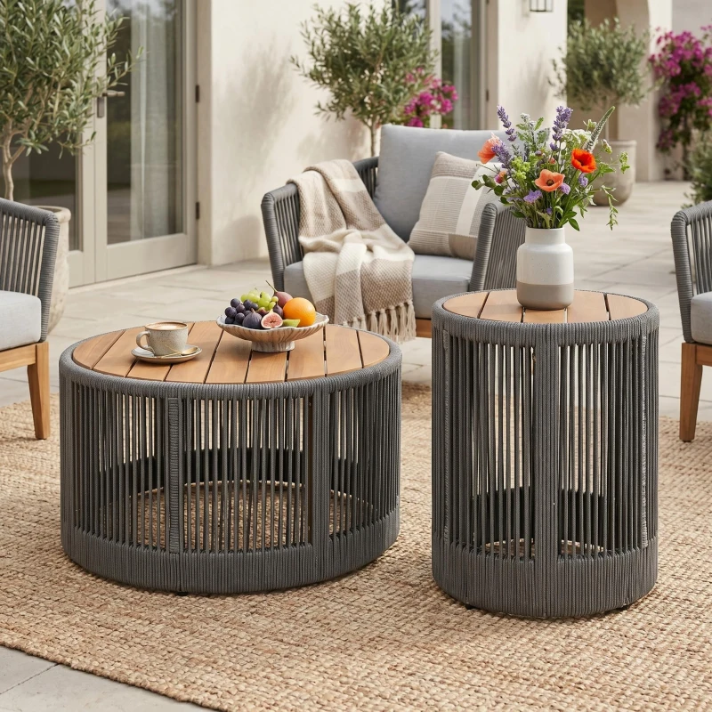2-Piece Side Table Set with Woven Rope Design, Outdoor Round Table Set for Patio and Poolside, 41" L x 41" W x 32.5" H, Grey+Natural+Teak