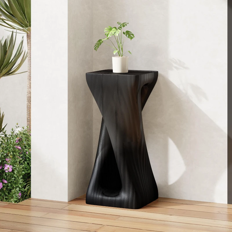Sculptural MGO Accent Table with Unique Wood-Grain Texture, All-Weather Side Table with 200 Lbs Capacity, 12.5" L x 12.5" W x 27" H, Black
