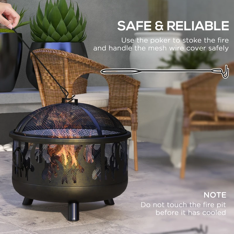 Outsunny Outdoor Metal Fire Pit, 24" Round Firepit Bowl w/ Lid Grill Poker Handles for Garden, Camping, BBQ, Bonfire, Black