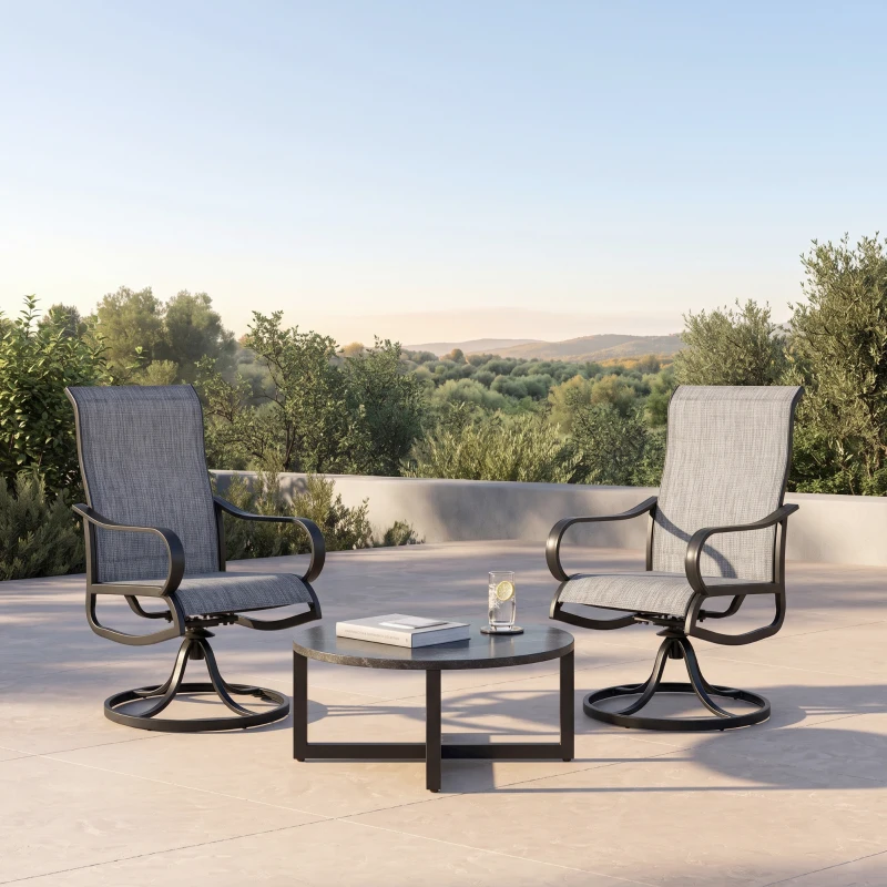 Outsunny 2-Piece Swivel Garden Chairs, 360° Swivel Rocking Outdoor Chairs with Curved Armrests, Breathable Mesh Seat & S Shape Backrest for Yard, Lawn, Porch, Dark Grey
